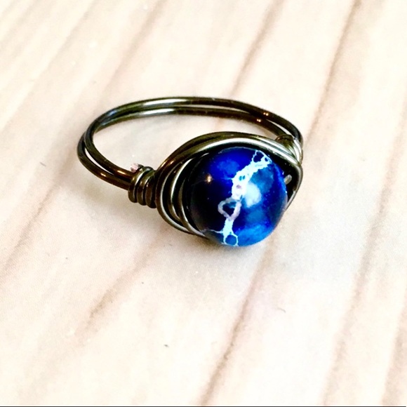 Blue Jasper Bead Copper Wire Ring - Picture 1 of 9